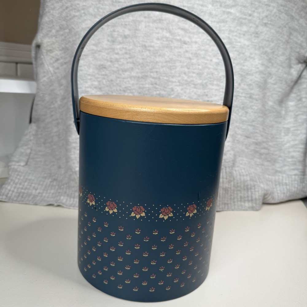 Vintage Georges Briard Ice Bucket Blue Floral Vinyl Handle with Lid Summer Party